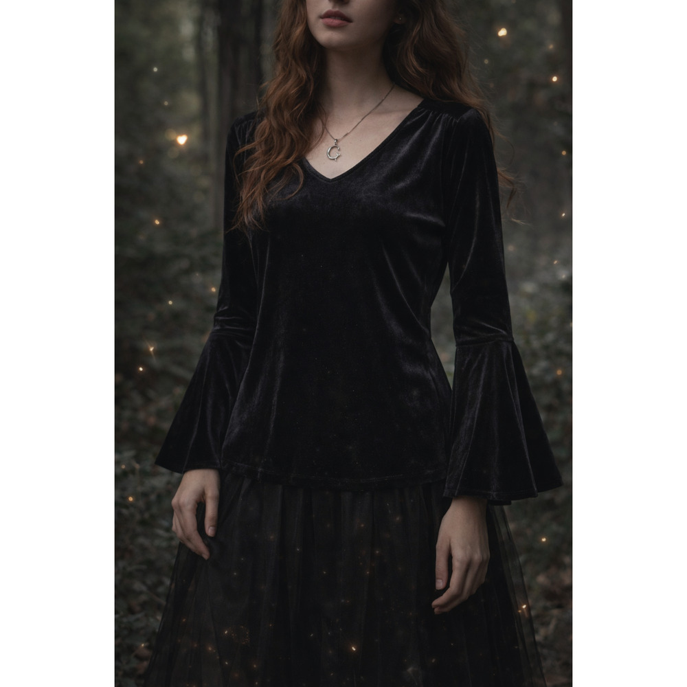 Witchy Black Velvet Bell Sleeve Top Dark Fairy Gothic Vamp Princess Whimsy MP